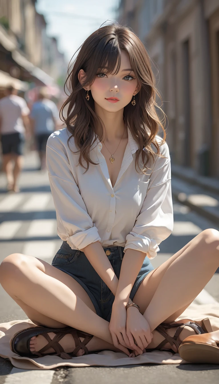 (RAW shooting, Photoreal:1.5, 8k, highest quality, masterpiece, ultra high resolution), perfect dynamic composition:1.2, Fight:1.2, Highly detailed skin and facial textures:1.2, 1girl:1, asian girl:1,Glamourous female with a purse, beautiful and aesthetic:1.2, sexy beauty, perfect style, belief, Strong-willed, revenge, Fair skin, very beautiful face, (large breast, Chest gap), (wearing a sexy casual fashion:1.2), (beautiful eyes, Eyes that feel beautiful eros:1.0), (Too erotic:0.9, Bewitching:0.9), (full body photo:1.2), (perfect limbs:1.2), (perfect fingers:1.2),(tied shirt, denim shorts sneakers, long hair, navel,seulgi),(simple background:1),(knees together),