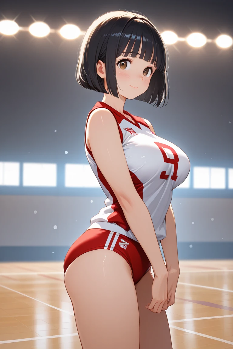 Highest quality、High resolution、Detailed Background、Beautiful Face、High detail、(Perfect Anatomy, Perfect Style)、(Detailed facial expressions)、(fine grain:1.2)、Teenage Beauty、(very wide shot:1.5, full body:1.4), One Girl、, Cute black hair、Braided Bob, Braided, clear, deep blue eyes、Braided Ponytail, Braided bob cut, Basketball game in the gym, jumping:1.5, dunking:1.5, brake, Incredible jumping ability:1.5, Suspended in the air in a shooting position:1.5, Incredible jumping power and long flight times, ((aerial view:1.5, shoot from behind:1.5, looking away)), (Bright red basketball uniform:1.5, White Line、Same color above and below, No sleeve:1.5, Shorts, High-cut basketball shoes)、(armpit:1.2), ((large breasts:1.2, pointy breasts:1.2, high breasts:1.2)), Dunk a basketball held above your head from the top of the basket:1.5、The goal ring is 3m above the ground.