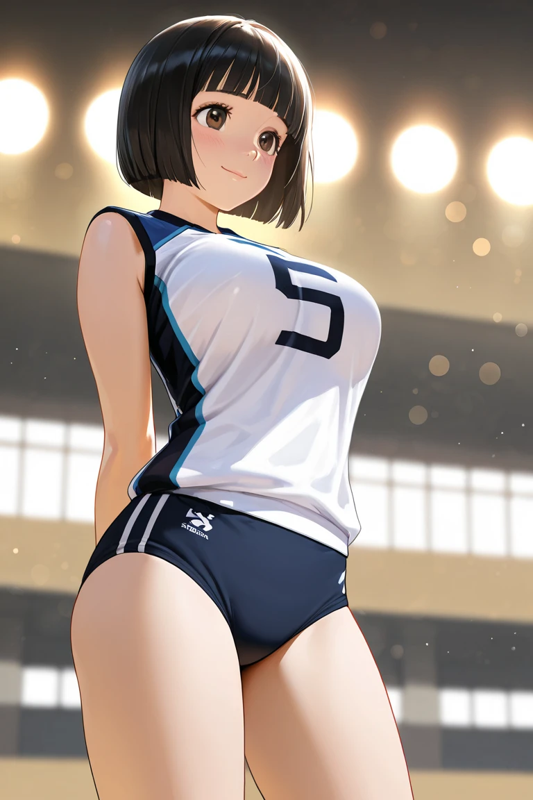 nsfw,highest quality、In 8K、masterpiece、Hmph、超A high resolution、RAW Photos、(Photorealistic:1.3)、Natural soft light、(Depth of written boundary)、Slender、(whole body:1.2)、From behind、Detailed face and eyes、Realistic students、Sharp pupils、Inside the gym、(Dynamic action poses、play volleyball)、Beautiful Face、Beautiful girl of 36 years old、Glowing Skin、Bobcut、Beautiful black hair、Blunt bangs、Red Eye、(blush:0.7)、Sweat、Volleyball Uniforms、(Thighs Thighs Thighs Thighs:0.8)、Hips、Huge Breasts:1.5