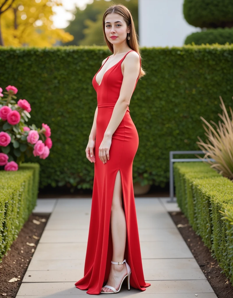 araffe woman in a red dress posing in a garden, sexy red dress, sexy dress, low cut dress, red dress, in a red dress, tight dress, skintight dress, wearing red dress, sexy girl, in the garden, wearing a red dress, opened dress, jaw dropping beauty, gorgeous woman, in a garden, jaw-dropping beauty