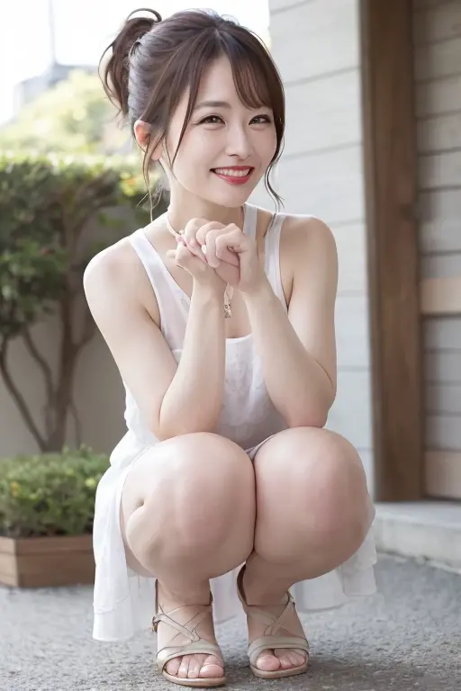 Face only conversion、No bangs、Detailed face、A refreshing smile、OL、No bra、Summer clothes、Sheer blouse、Tight mini skirt、A beautiful girl with an air of innocence、White panties、Open collar、squat、Bow-legged、Sticking out tongue