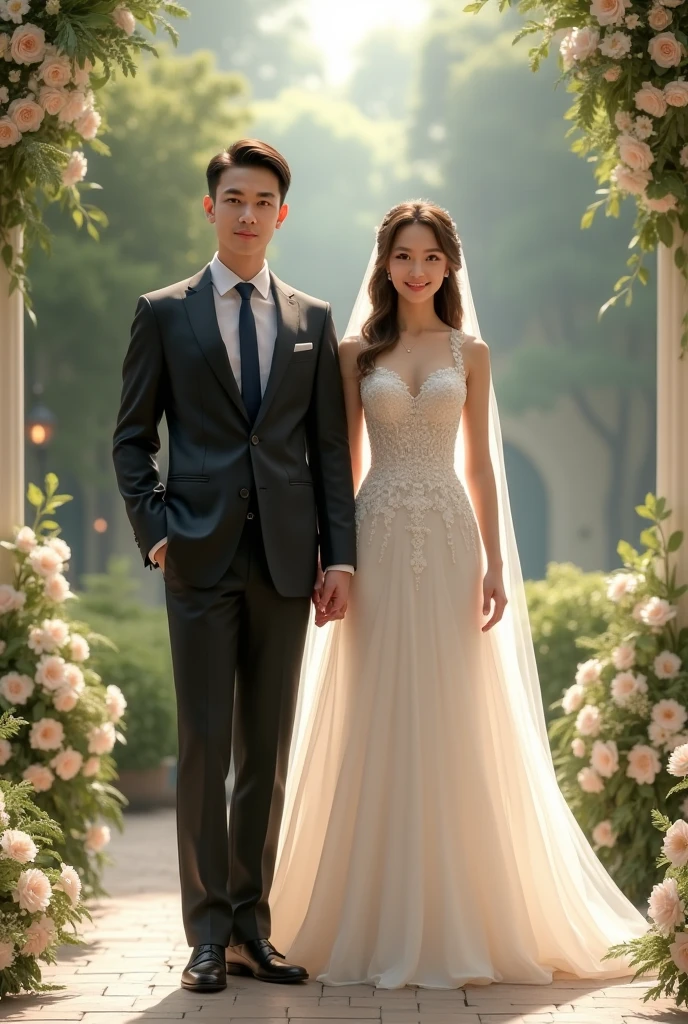 wedding photos,Portrait photography,forest style wedding dress,dreamy colors,An elegant Chinese couple,One wears a white wedding dress and an elaborate tiara,The other one is wearing a formal suit,Smile,looking into camera,plant,flowers,forest,light gold and dark green,romantic