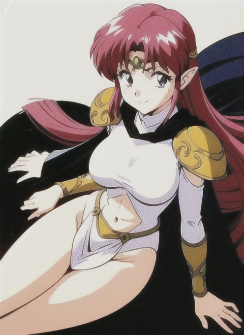 "(masterpiece:1.1), best quality, 
1girl, (anime cell style、anime colours、90s anime style:1.3), (eyelashes:1.5), (loli:1.2), 
(intricate high detailed body:1.2), 
(red hair:1.1), (bangs:1.1), (medium hair, two side up:1.2), (flower brooch, hair ornament:1.2), 
red eyes, (lip stick:1.3), 
(gigantic breasts:1.3), 
(shy:1.2), (blush:1.1), open mouth, 
(see-through bikini armor:1.2), 
(knight armor, armored boots:1.2), (frill:1.1), (accessories:1.1), hand cuffs, 
standing, peace sign, 
(upper body, cowboy shot, looking at viewer, from front:1.1),
(daytime, grassland, outdoors:1.1)"