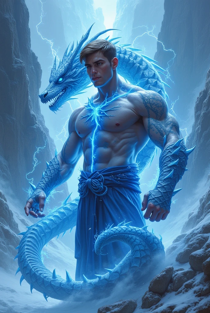 Male top nude white skinned brown hair lightly muscled mortal kombat karetker has big realistic wild blue ice dragon wrapped around his body icy mountain blue lightning red full moon get a realistic picture