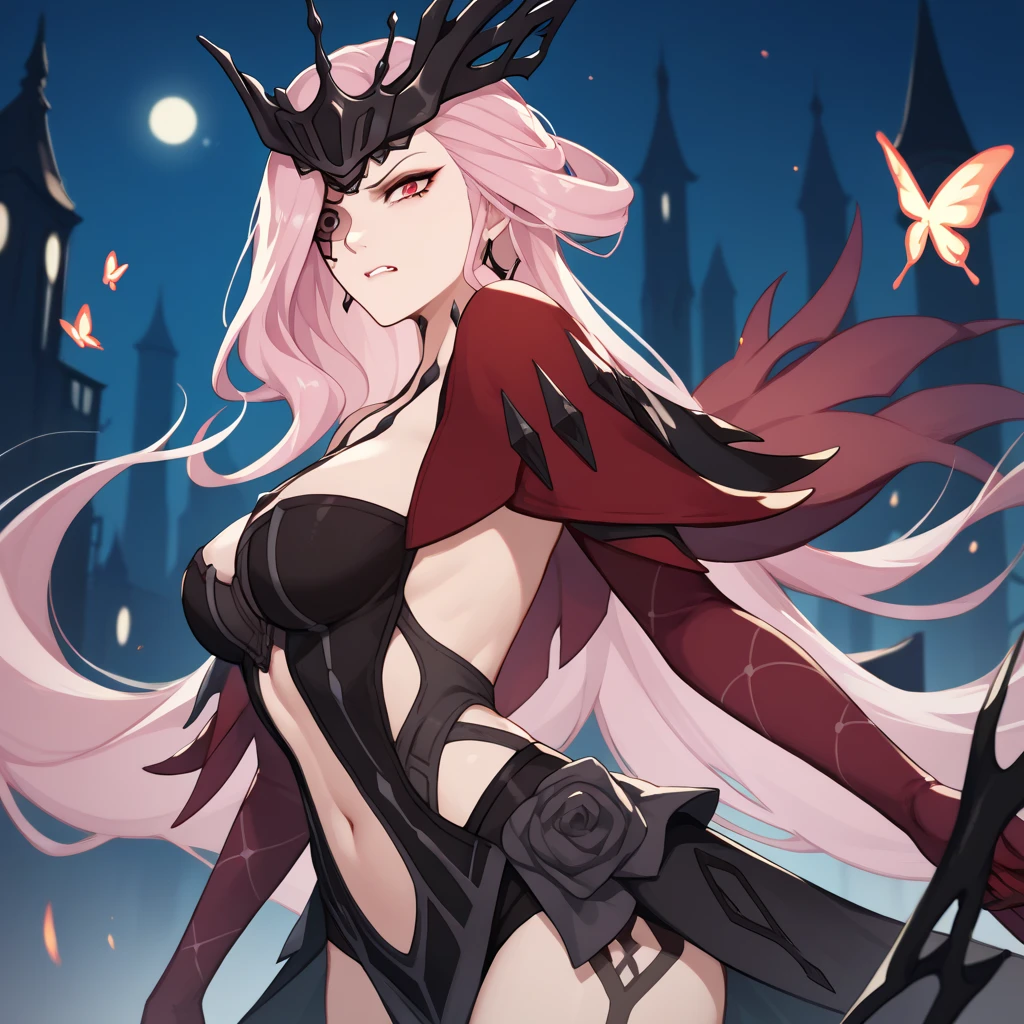 8k, 4k, intricate details, cinematic lighting, stunning environment, ornate, (realistic:1.1), detailed face, detailed eyes, detailed shadows, 1girl, bangs, blunt bangs, breasts, brown hair, closed mouth, cloud, demon girl, demon wings, horns, lesserimp, long hair, looking at viewer,  open mouth, pink hair, red bow, smile, yellow eyes, full body