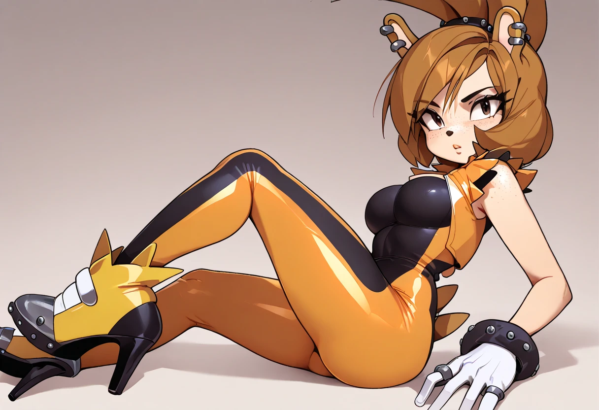pantyhose, strapless leotard, bunny ears headband, bowtie, wrist cuffs, orange streak in hair, bunny tail, highly detailed, HD