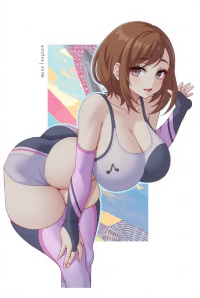 Forgotten side profile photo ochako uraraka (curved thighs), (huge breasts, perky breasts:1.4),