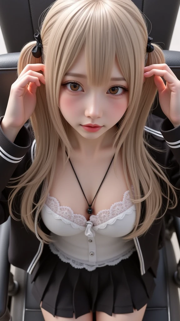 1girl in, Large breasts,stitched face, patchwork skin, Closed mouth, long_hair, lightsmile,city,Street, White hair, ,stitched_Face,Patchwork_skin,Cowboy Shot,( Hoodie),(hands on pockets),