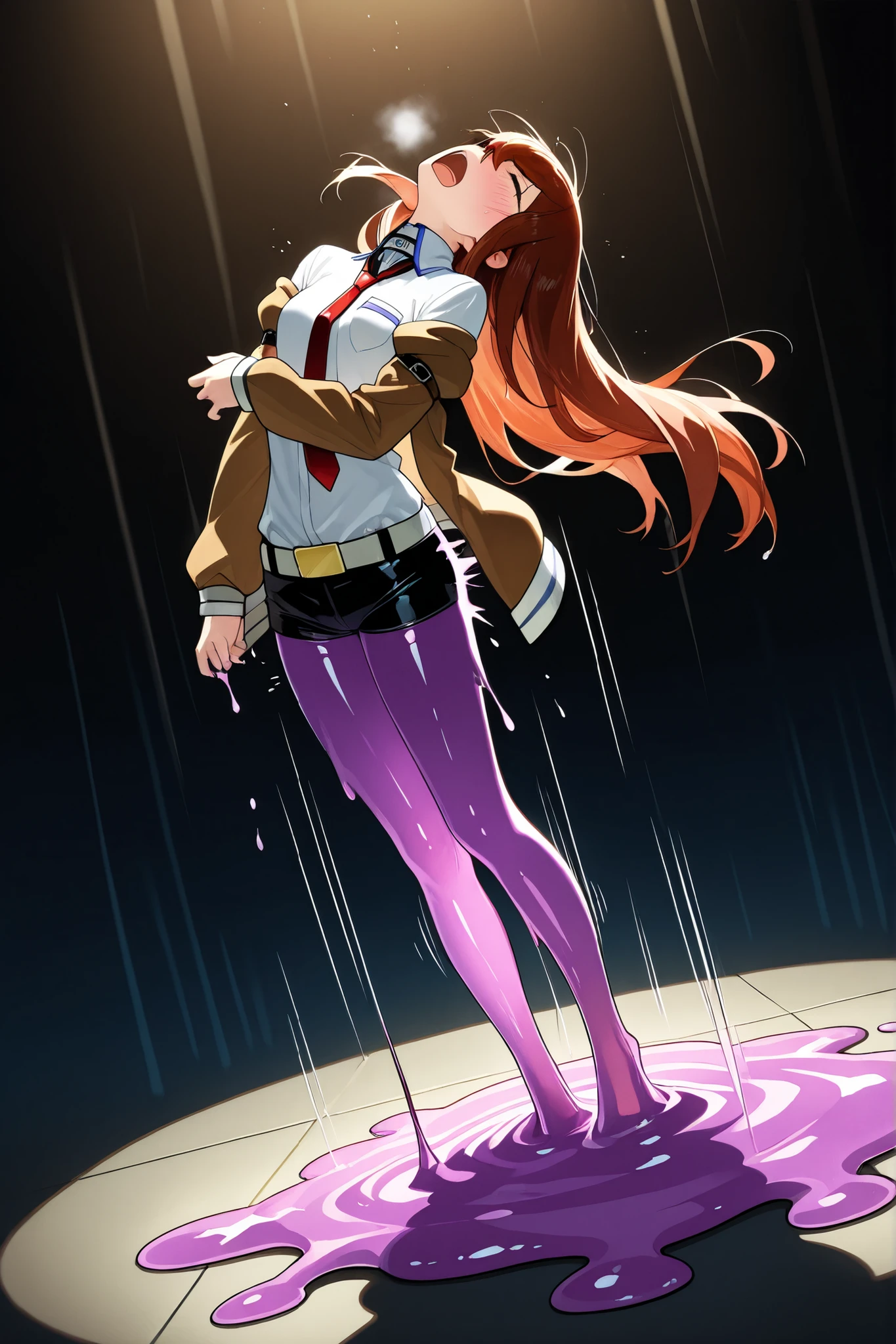 1girl, Makise Kurisu, slimify transformation, translucent slimegirl, full body slimify:1.0, melting:1.0, implied sex, head back, full body, (motion lines:1.2),
BREAK slimegirl, slimify, melting, melting hair, melting clothes,
beautiful detailed eyes, beautiful face,
embarrassed, shy, frown, open mouth, heavy breathing, screaming,
perfect lighting, moody lighting, great angle, great pose,
amazing quality, very aesthetic, extremely detailed, nsfw, explicit