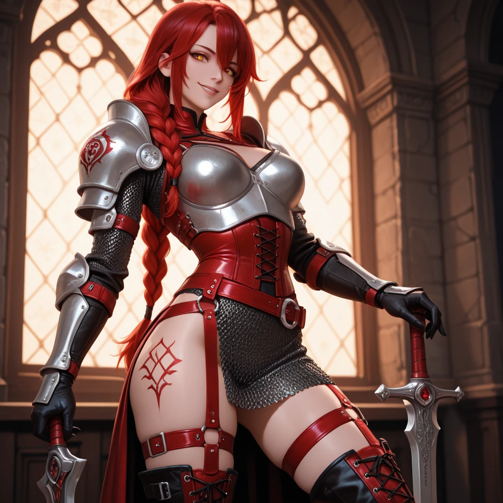 score_9, score_8_up, score_7_up, score_6_up, score_5_up, score_4_up, source_anime, tomboy girl, long hair, Bust Cup B , open-chest outfit, Guillotine Cross Rust Color Set, breastplate, waist armor, Beautiful narrow waist, Beautiful belly, Armor, red hair, Metal head jewelry, red eyes, Sparkling eyes, sit, Mobile gaming mouse, office backdrop, office desk, office chair, Sharp picture, Magical light, Bright atmosphere, beautiful backdrop, simple