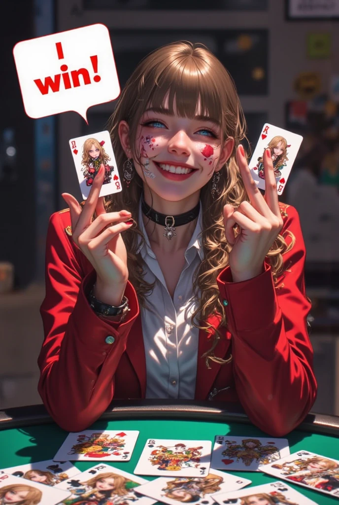 score_9, score_8_up, score_7_up, score_6_up, score_5_up, score_4_up,
<lora:bigeyes-ponyxl-v1:1>, b1g3y3s, 
a woman laughing and gambling, Yumeko Jabami, evil, red jacket, cards in background, anime face, laying on table, eyes open,, ultra realistic, (high quality, detailed, beautiful), detailed beautiful eyes, realistic, outstanding,
<lora:add-detail-xl:0.7> <lora:xl_more_art-full_v1:0.1>