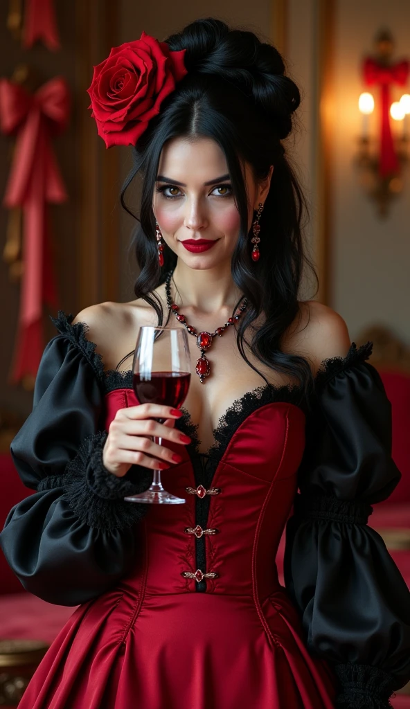 realistic photograph of the vampire queen, fangs, pale skin, blood dripping from the mouth, holding a wine glass with blood, (baroque clothes), black hair, in a castle with torches on the wall, score_9, score_8_up, score_7_up, score_6_up, score_5_up, score_4_up, source_anime, ultrarealistic