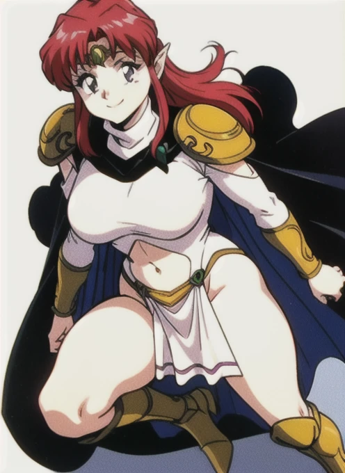 "(masterpiece:1.1), best quality, 
1girl, (80s anime style:1.4), (eyelashes:1.5),(loli:1.2), 
(intricate high detailed body:1.2), 
brown hair, 
(forehead:1.2), short blunt bangs, (short hair:1.1), (holy hat:1.2), 
green eyes, (red lip stick, detailed pupils:1.1), 
(tan skin:1.3), (muscular body:1.1), (gigantic breasts:1.3),
expressionless, 
(see-through cloth bikini armor, corset:1.2), (garter belt:1.1), 
(knight armor, armored boots:1.2), (frill:1.1), (streaked hair:1.2), hand cuffs, 
standing, crossed arms, 
(full body, looking at viewer, from front:1.1),
(simple white background:1.2)"