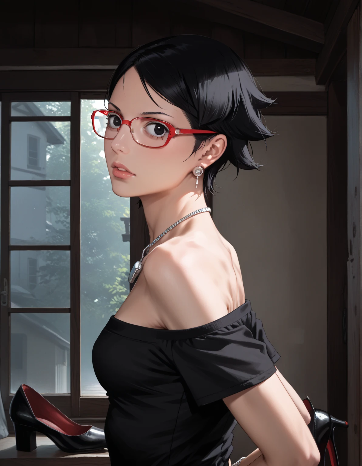 1 girl, milf, brown eyes, very Short hair, hair over one eye, black choker, lipstick, sad, black hair, tomboy Pixie haircut, tomboy Pixie haircut, no top, naked, (round glasses), small breast, portrait, perfect body, face portrait