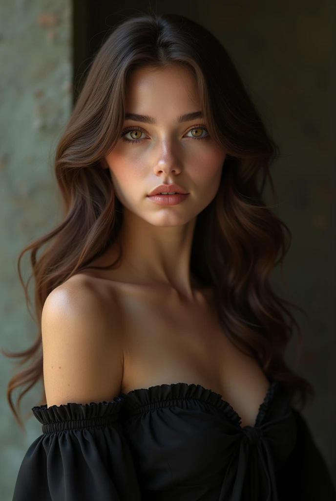 Young girl brunette long black hair thick lips very cute sexy clothes full body