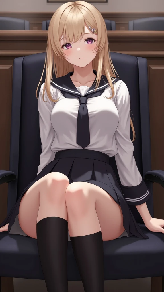 masterpiece, Highest quality, High resolution, 1girl kaori saeki, Spaghetti Straps、Black vest、Red tie、Red Skirt、Black knee socks, classroom, Cowboy Shot, (Conceit:0.3), View your viewers, Focus Only、Sit on a chair with your legs apart、Voluptuous thighs、Big 、Big ass、White panties、White bra、A Seductive Smile