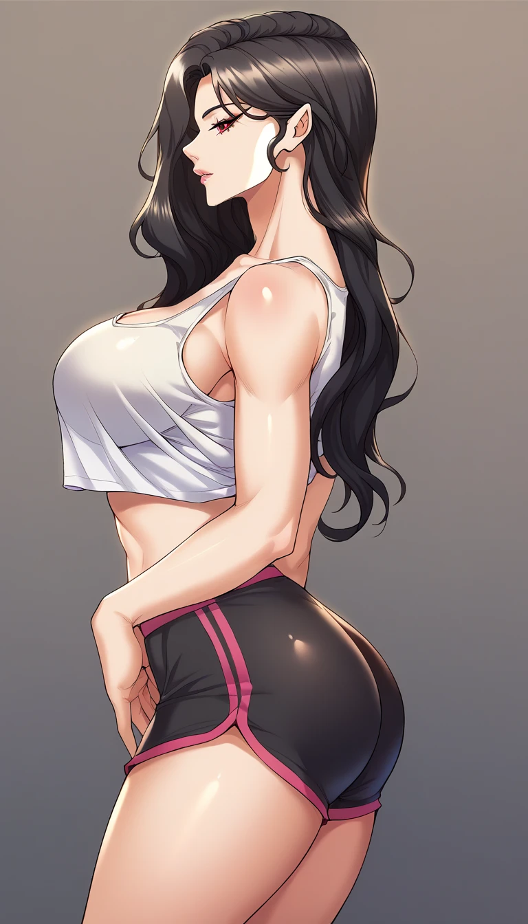 extremely delicate and beautiful, Amazing, finely detail, masterpiece, ultra-detailed, highres,best illustration, best shadow,intricate,sharp focus,  high quality, woman, solo, long hair, curvy, milf, giant breasts, sexy body, black yoga pants, genshin impact,