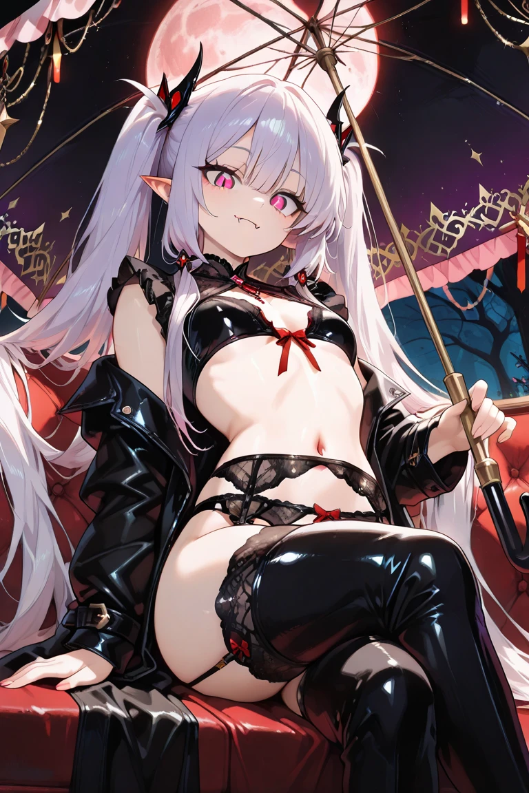 anatomically correct, best quality, masterpiece, high quality, high details, highres, HD, (shaded face:1.2), hollow eyes, black eyes, looking at viewer, expressionless, long hair, black hair, breasts, long_hair, 1girl, tattoo, braid, pubic_tattoo, very_long_hair, stomach_tattoo, solo, large_breasts, navel, striped_gloves, gloves, red_eyes, looking_at_viewer, stomach, elbow_gloves, red_hair, crossed_bangs, from_below, underwear, panties, revealing_clothes, eyebrows_visible_through_hair, pointy_ears, thighs, bare_shoulders, areolae,