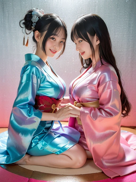 Multiple beauties touching each other, (Transparent shirt: 1.2), (Open shirt), Light clothes, Sleeveless, Huge breasts, Upright breasts close-up Two women lying on bed posing for a photo, Surreal full-body figure, Beautiful and detailed body and face, gorgeous figure, pony tails, Clear, Smile, moaning, Tease, Surreal full body body, Beautiful and detailed body and face, Extra-long viewing angle, Fair skin, Bright colors, Asian, There was almost nothing in the clothes, Blurry, Chinese clothing underwear