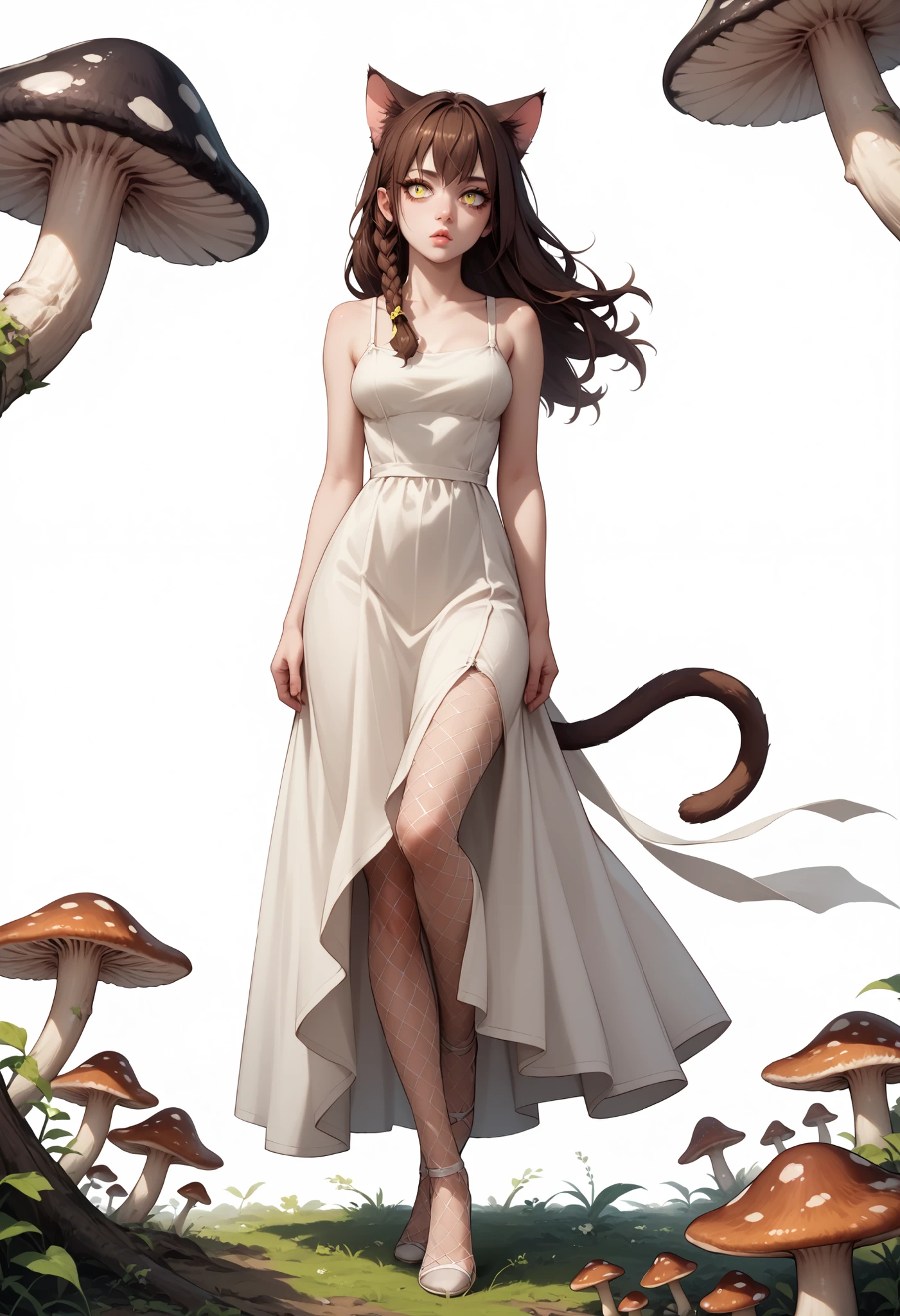 score_9, score_8_up, score_7_up, score_6_up, 1girl, yulya, long hair, brown hair, braid, side braid, single braid, animal ears, cat ears, yellow eyes, tail, cat tail, medium breasts, cat girl, Straight black mushroom cut hair, long eyelashes , soft reddish round lips , wide hips , long legs , wearing a sexy dress, with net stockings , erotic and sexy poses , white background,Distant take