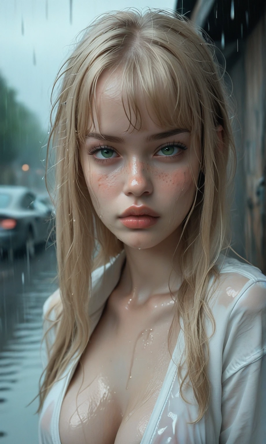 Young Korean Woman standing, ((on city street)), ((barefoot)), black micro thing, blonde short hair, slim build, late night, dark, busy street, cinematic, neon light, masterpiece, best quality, RAW photo, full body, photorealistic, ((looking at viewer)), beautiful realistic photo, hyperrealistic fantasy photo, shallow depth of field, 8k, ultra detailed, detailed skin, green eyes, freckles, ((drenched)), ((soaked)), (dripping water), sagging shirt, wet street, wet all over, wet dripping hair, pov, (posing for photo) portrait, close-up, bottom angle, mist