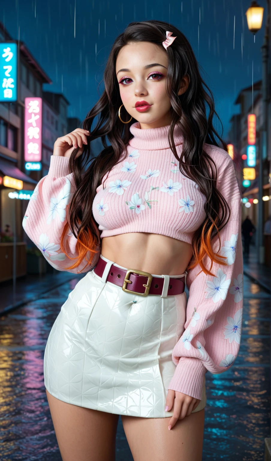 (Valencia:1 Girl), Selena Gomez, A Masterpiece, Best quality, Raw Photo, lifelike, FACE, Incredibly ridiculous, beautiful girl, MAGIC, long hair, depth of view, Highres, Hyperdetailed, finely detail, RAW Extremely detailed, extremely detailed eyes and face, Sharp pupils, Realistic Pupils, Sharp focus, cinematic Lighting, full body, large boob, Long leg, From Behind, Night street, dynamic poses, blouse, miniskirt,