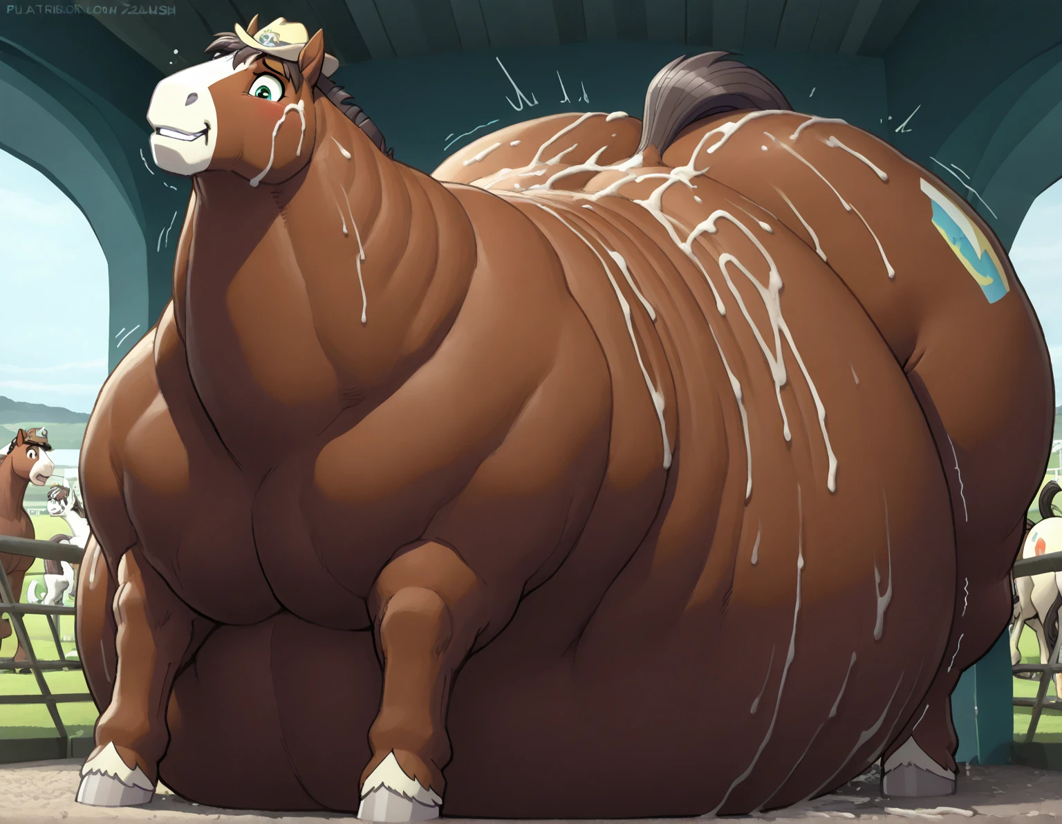 (Masterpiece, best quality, realistic:1.6), feral, horse, male, sleeping - style feral, beach, sunny, expressive, male obese, (bokeh:0.6), depth of field,(horse:1), sexy look, (morbidly obese), inflated, full, blush, gigantic, chubby, obese arms, obese legs, seductive, ssbbw, hard, gigant bag, double chin, obese neck, overweight, obese ass, blob, lifting belly, inflation, morbid, ssbbw arms, ssbbw legs, ssbbw chubby neck, obese face, stuffed, curvilinear, bbw,(bhm),((sweaty)), exhausted, big overweight, fat horse feet,((perfect face)), chubby belly bags, morbid, monster, obese face, obese neck, soft, round, thicc, whole obese,((Feral)), belly bed,(eyes closed)