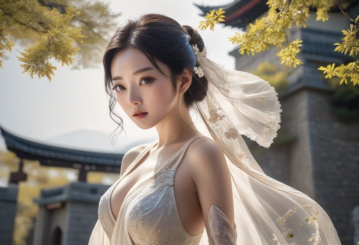 a beautiful young lady in a thin gossamer robe  is posing in a garden ,beautiful belly breasts ,large breasts, upper body, ethereal beauty, fantasy gorgeous lighting, beautiful fantasy maiden, extremely detailed shot, fantasy woman, a stunning portrait, beautiful and elegant pose