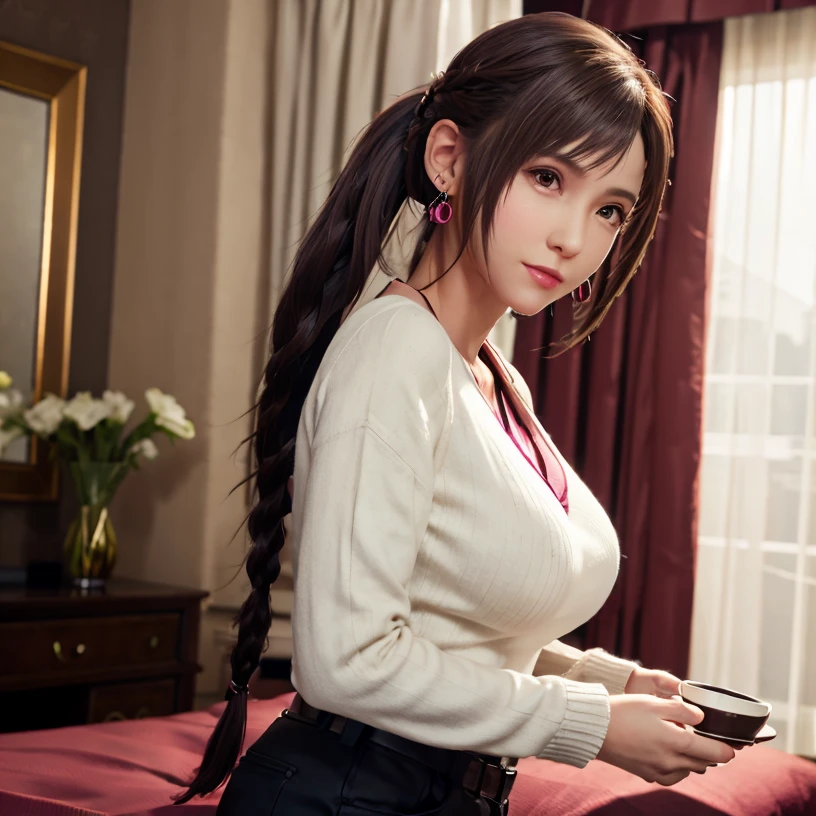 ((Best quality, 8k, Masterpiece :1.3)), 1girl, Pretty woman with emphasizing slender abs :1.3, (random hairstyles, Huge breasts :1.2), Casual outfit :1.2, Indoor, Ultra-detailed face, Detailed eyes, Double eyelid