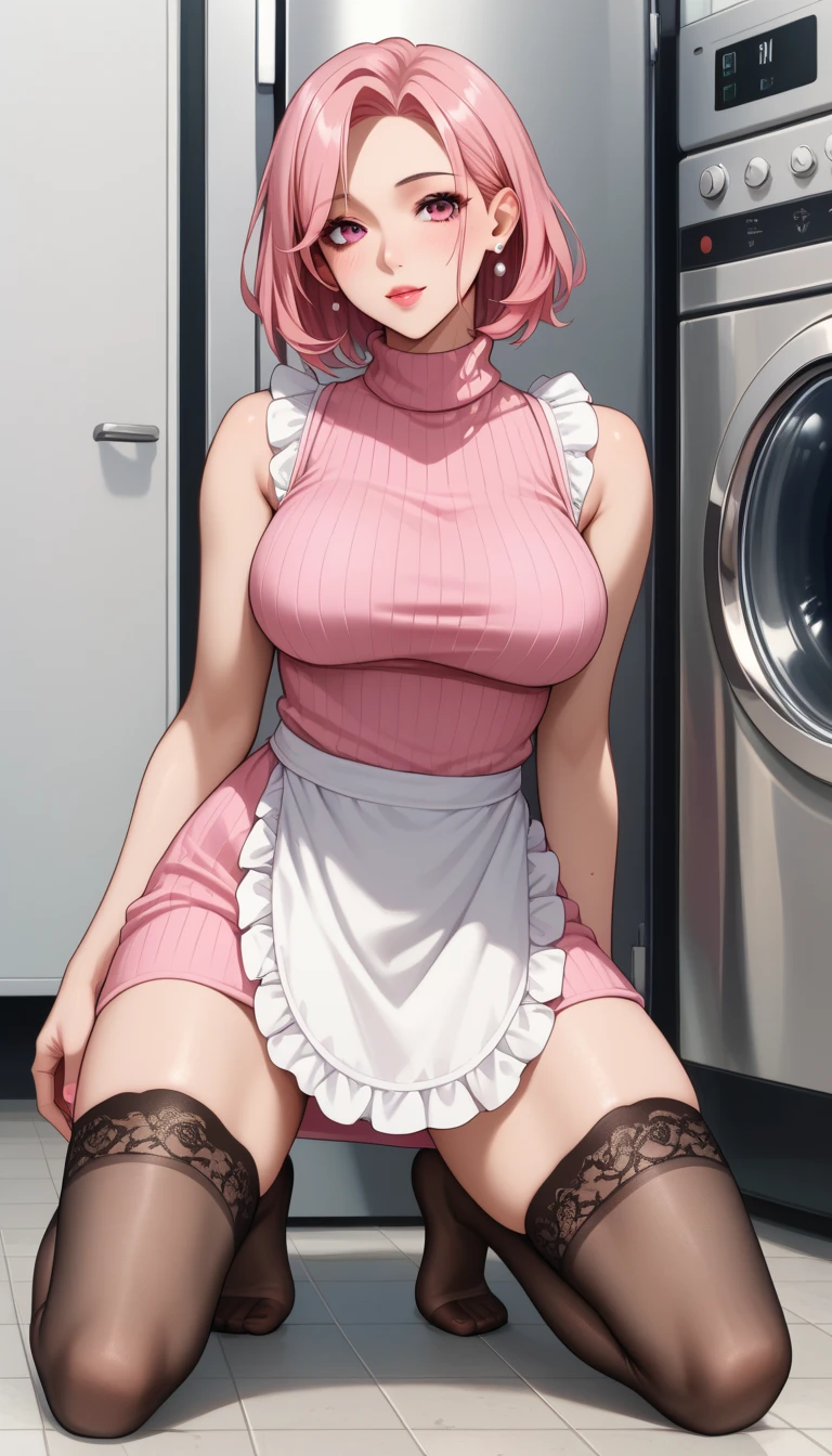 (quality)), ((masterpiece)), Recommended results、Puffy nipples、(see through:1.5)、straighten your back、huge bust、angle to floor:1.2、low camera angle、There is fluid in the crotch、light pink latex，Smile，apron，Fat girl