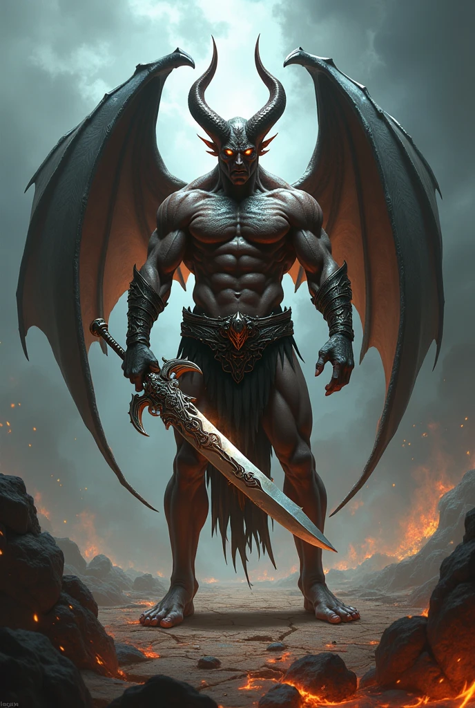 pale white angry male demon, big horns, wings, great axe, rock skin, highly detailed, 8k, photorealistic, hyper realistic, cinematic lighting, dramatic shadows, intense colors, moody atmosphere, epic fantasy, dark fantasy, dark art