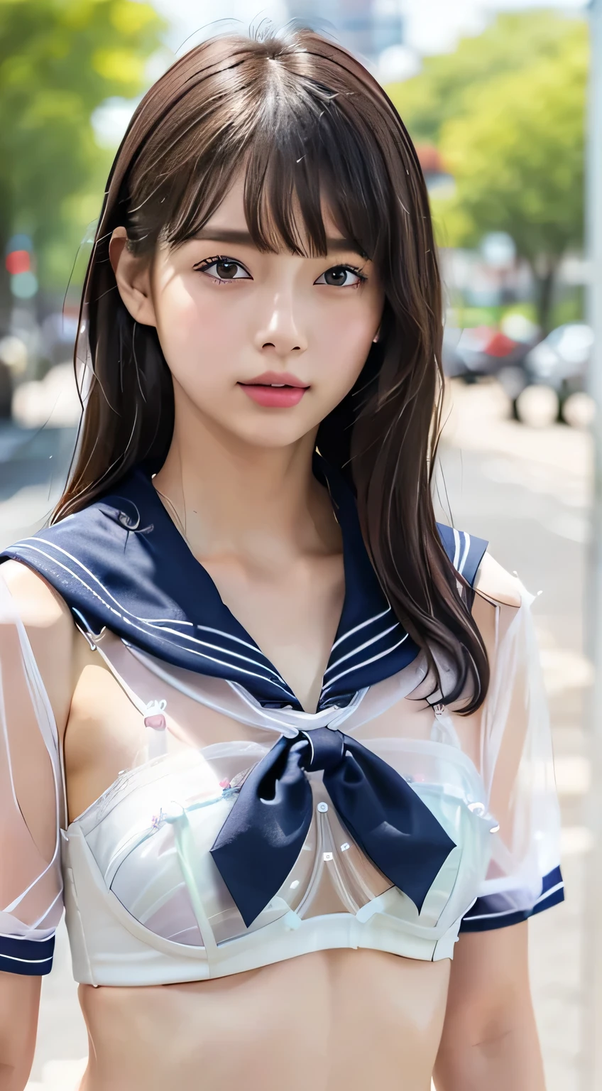 (((All clothes are transparent:1.5)))、cowboy shot with your arm through your sleeve、((I can see a small white transparent bra when I lift up my sailor suit:1.5))、(((All clothes are transparent)))、Highest Quality、RAW Photo、Genuine、face、Incredibly Beautiful Girl、cute、long hair、says the depth of the border、high resolution、 {{details eye and face}}、 sharp pupils、GenuineJapanese high school students 、sharp concentration in nude clothes、Flat chest、small breasts、small、(small bust:1.2),{{Nipple(Red)Nipple}}:{{Areola(pink)Areora}},The usual bust、(The usualthin、delicate and sexy collarbone、(((see-through sailor suit:1,75))、