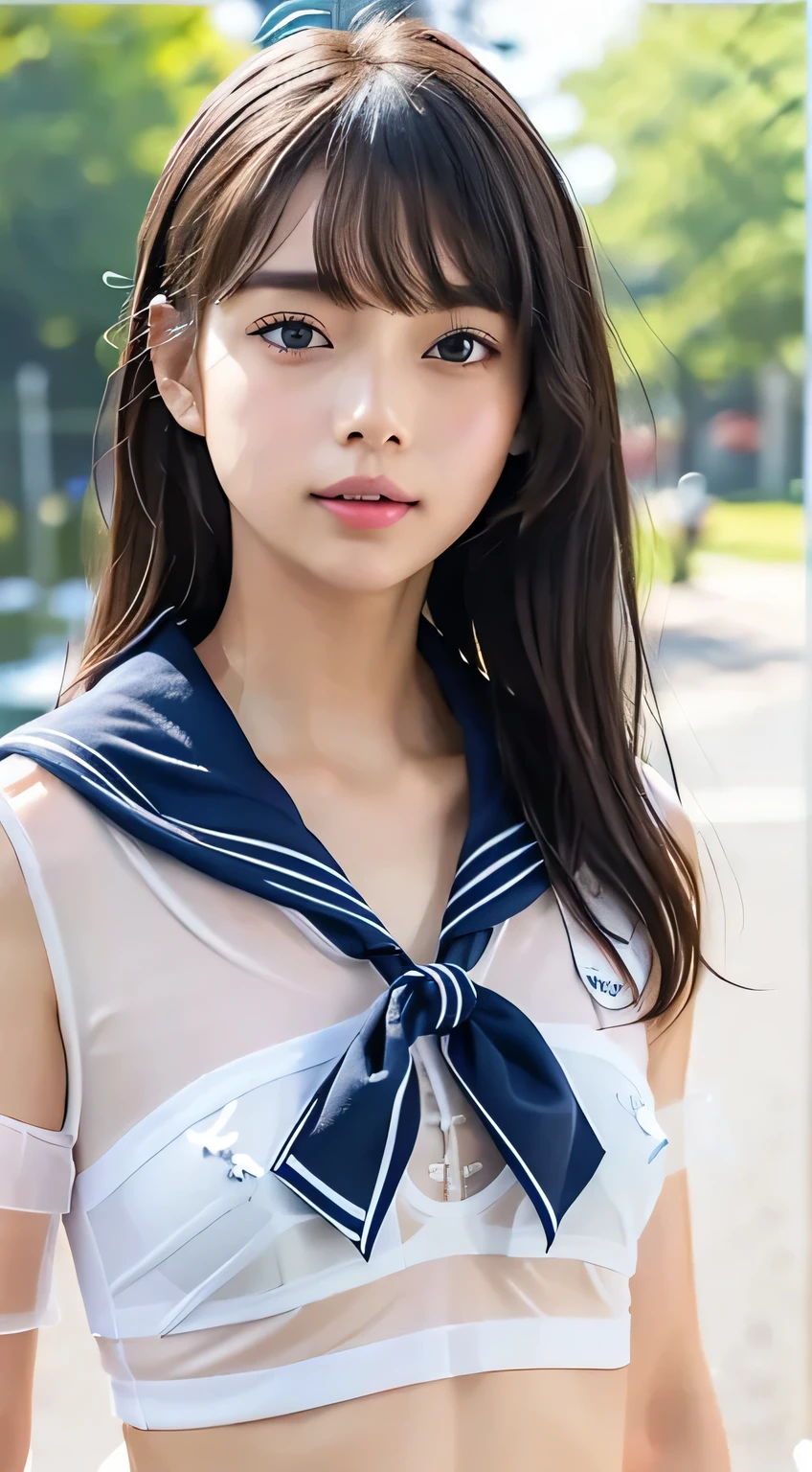 (((All clothes are transparent:1.5)))、cowboy shot with your arm through your sleeve、((I can see a small white transparent bra when I lift up my sailor suit:1.5))、(((All clothes are transparent)))、Highest Quality、RAW Photo、Genuine、face、Incredibly Beautiful Girl、cute、long hair、says the depth of the border、high resolution、 {{details eye and face}}、 sharp pupils、GenuineJapanese high school students 、sharp concentration in nude clothes、Flat chest、small breasts、small、(small bust:1.2),{{Nipple(Red)Nipple}}:{{Areola(pink)Areora}},The usual bust、(The usualthin、delicate and sexy collarbone、(((see-through sailor suit:1,75))、