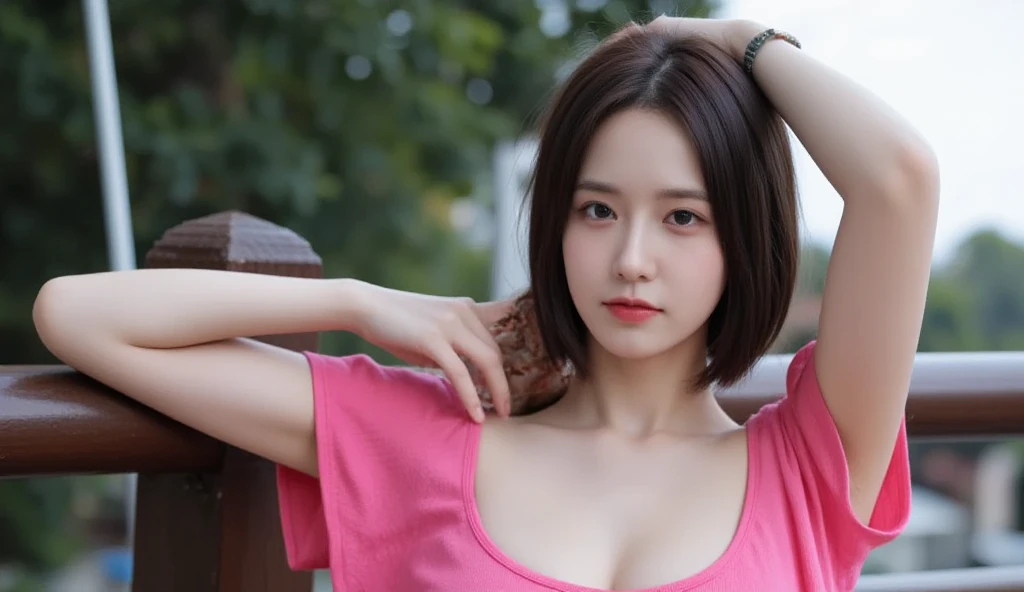 garden、((highest quality、8k、masterpiece:1.3))、beautiful girl、1 female、Big Breasts:1.3、Slim figure:1.1、Are crying:1.4、Black Hair、Very short hair、Racing Tank Top、Underbab、mini skirt、ダメージデニムmini skirt、choker、Highly detailed face、Detailed lips、Fine grain、double eyelid、Kneel、Place your hands behind your head、