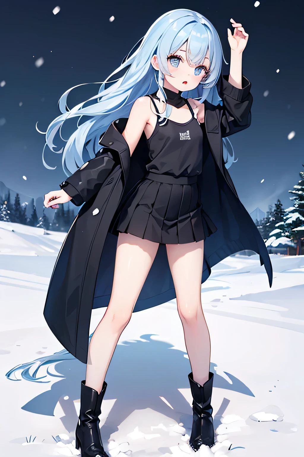 1 girl、blue hair、I have long hair、is wearing underwear、clothes with shoulders sticking out、black boots、full of energy、black skirt、black socks that go up to the knee、Eye color is blue、and I'm wearing a black coat、 background is a snowy landscape、Highest Quality