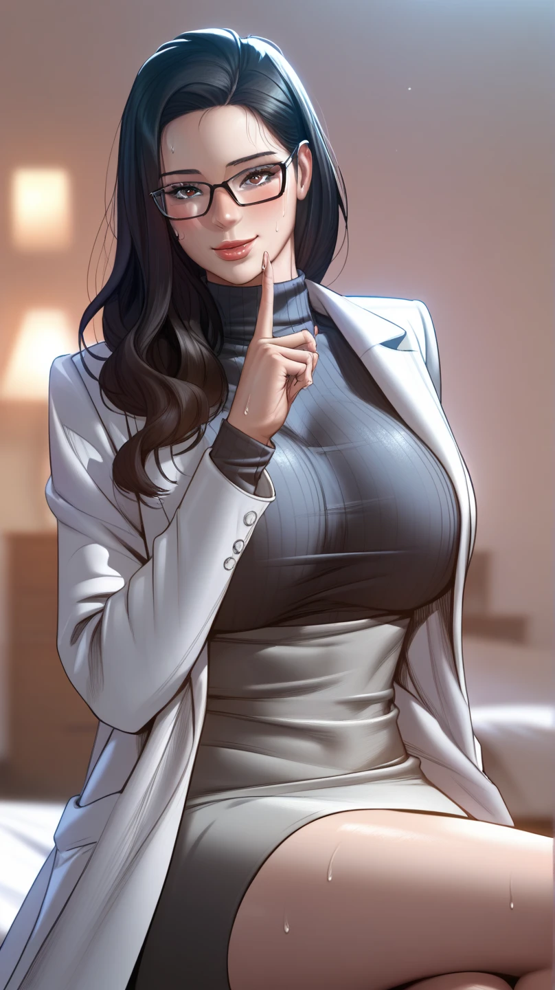 Hot sexy beautiful one women , long silver chandelier earrings,big breasts, ,black hair , hair bun,blush,blue eyes, smiling,red lipstick, white coat, black shirt, long sleeves