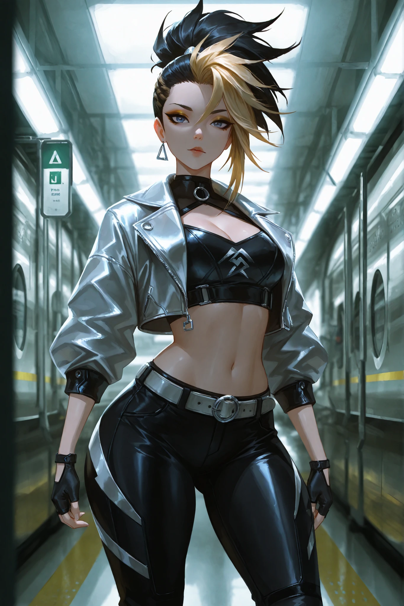 masterpiece, highly detailed, cinematic lighting, hyper-detailed face, intricate textures, stunning composition, perfect anatomy, soft shadows, depth of field, professional digital art, cinematic ambiance, sharp focus, clean and polished rendering), attractive body, medium breasts, thick thighs, wide hips, big ass, smooth and radiant skin, soft yet firm body contours, sensual and confident presence, 4kalikd4, akalikda, 1girl, blue eyes, makeup, eyeshadow, blonde hair, black hair, ponytail, long hair, open clothes, open jacket, cropped jacket, navel, midriff, cleavage, belt, pants, black pants, gloves, fingerless gloves, black gloves. Inside a subway station with tiled walls, overhead signs, fluorescent lighting, metal benches, and people waiting near the yellow line as a train approaches in the distance. Standing with legs apart
