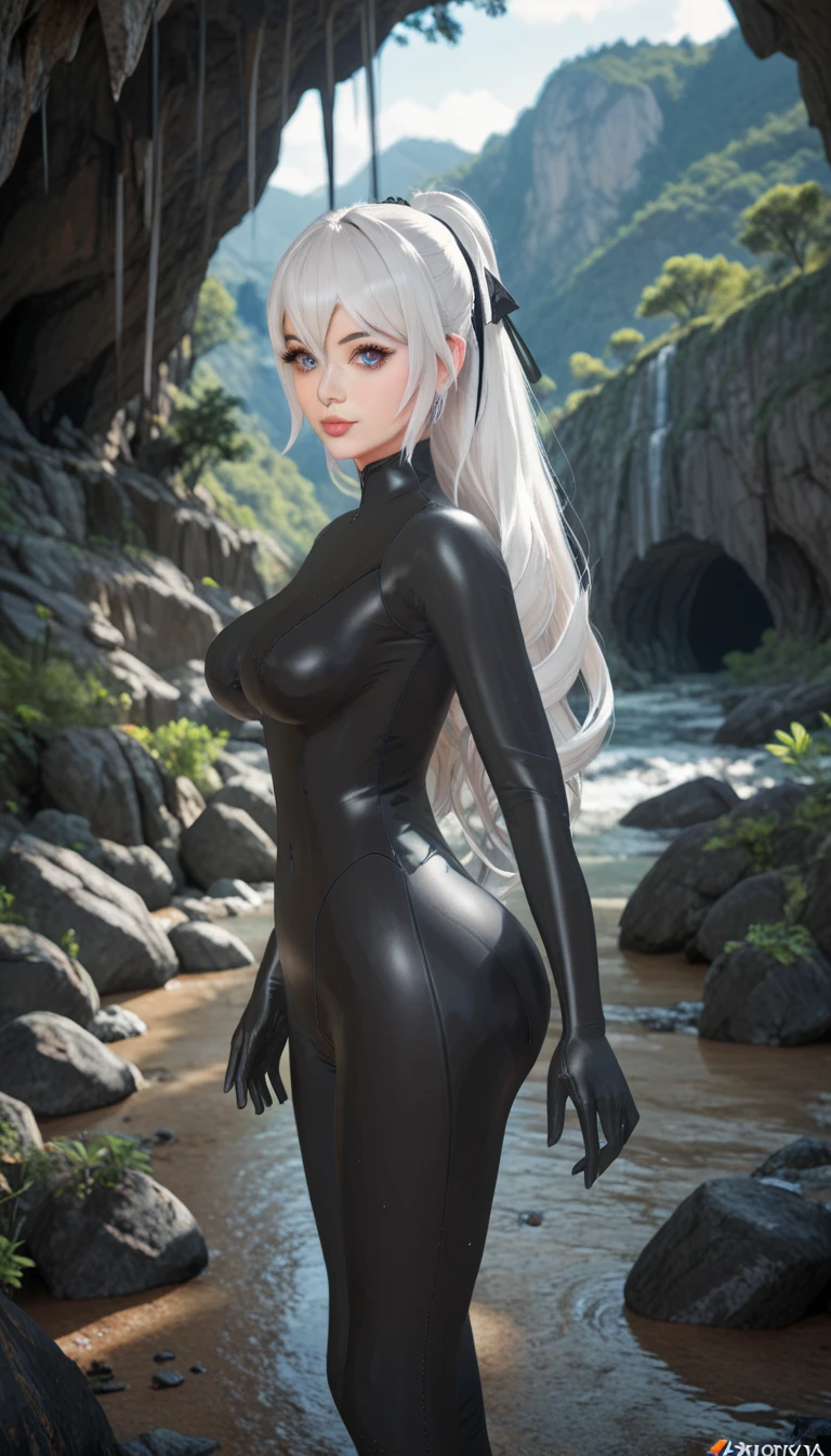 1girl, white colored hair, red-eyes, elf ears, in a simple black latex swimsuit, Beach, absurdress, hight resolution, Ultra-spicy, 8K, Masterpiece, looking a viewer, frontal view