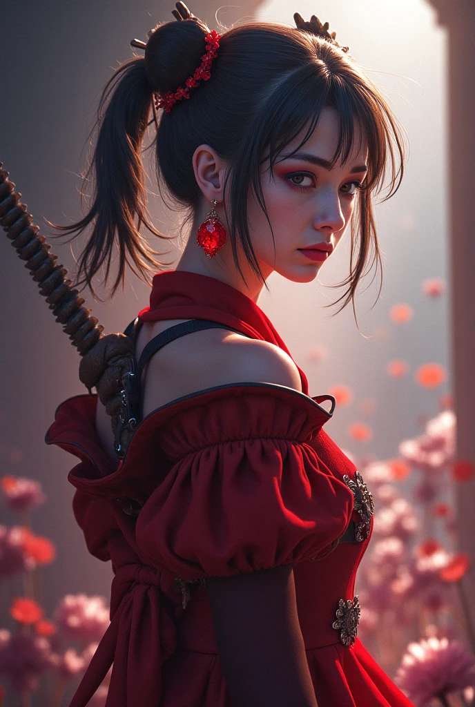 Samurai cat left under the fiery red moon, Sakura tree background, tattoo design、Profile of Korean beauty、Profile of Japan beauty