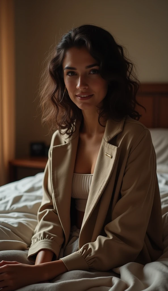 (photorealism:1.2), beautiful woman, sitting on bed, wearing coat suit and pant , long curly hair, indoors, soft lighting, plants in background, window with sunlight, cozy room, sexy pose, realistic, intricate details, warm colors, by Greg Rutkowski, by Alphonse Mucha