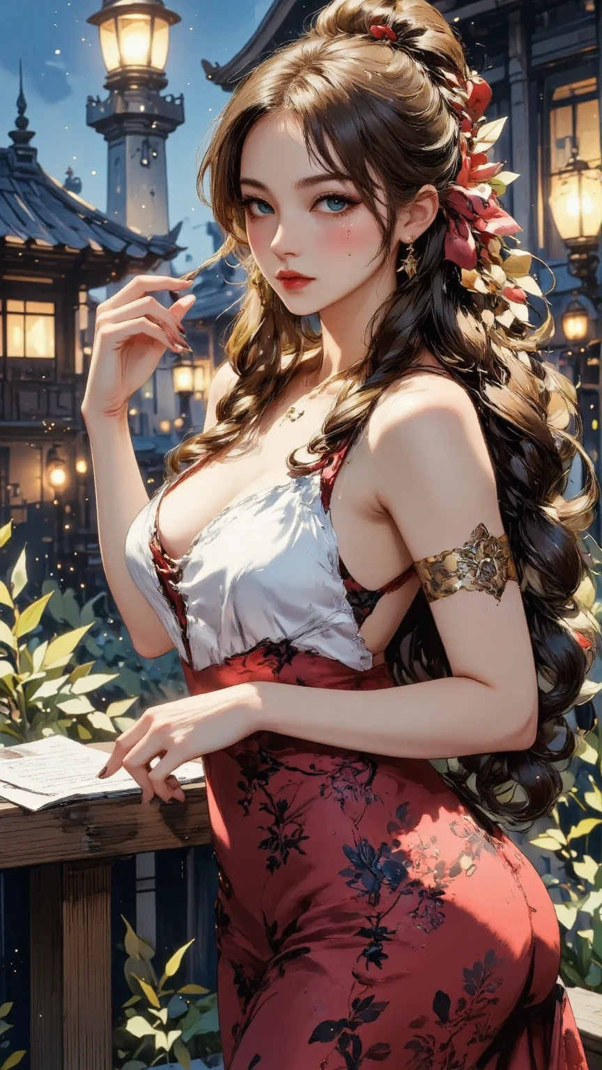 golden eyes,black hair,elf ears,(Fechin Oil Painting - Fechin Oil Painting , oil painted) ((best quality)), ((masterpiece)), (detailed),big tits, autumn ,leaves scatter, snow falling down ,vivid colors ,vibrant colors, forest, sky clouds,(red berries)red berries on a bush,(autumn)