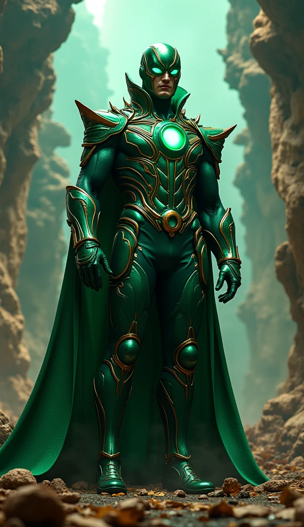 A green and gold outfit that symbolizes prosperity and growth. The suit is reinforced with light armor, highlighting areas such as shoulders and chest. He wears a cape that transforms into a flag with the SDG 1 symbol.
detaileds: The uniform has details that resemble wheat leaves and coins, symbolizing the creation of economic resources.