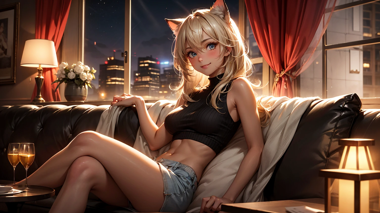 Create a high-quality, detailed image of a beautiful blonde anime cat gamer girl with striking eyes and intricate tattoos. She is alone in a luxurious condo, wearing intimate sleepwear that highlights her midriff and stunning curves. The condo features a high-end gaming setup with a sleek gaming PC, large monitor, and gaming accessories. Soft ambient lighting creates a warm and intimate atmosphere, blending with the natural light from the large window offering a view of the ocean. The focus is on the girl and her gaming setup, emphasizing her passion for gaming in a serene and inviting environment.
