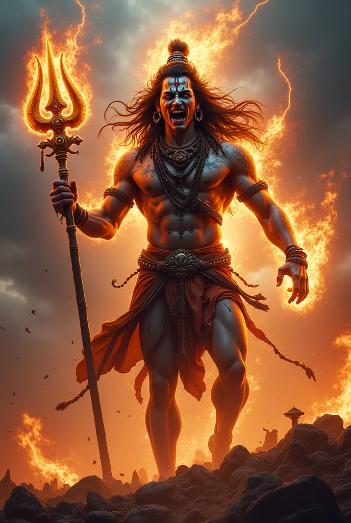 Mahadev ji ka rudra avtar hath me trishul or lal colour ke sath or unki aanke gusse se lal