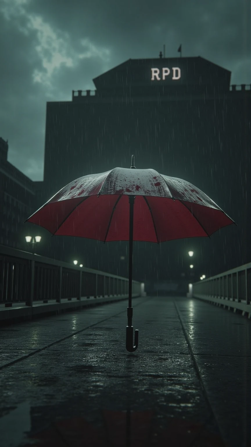An umbrella with a black handle and blood red accents,
