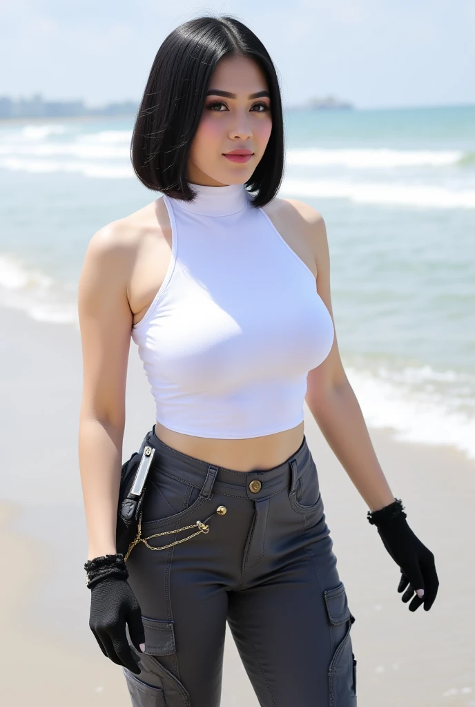  1 girl, short black hair, cap, shirts and denim, portfolio, harbor and ship, ((topless:1.5))