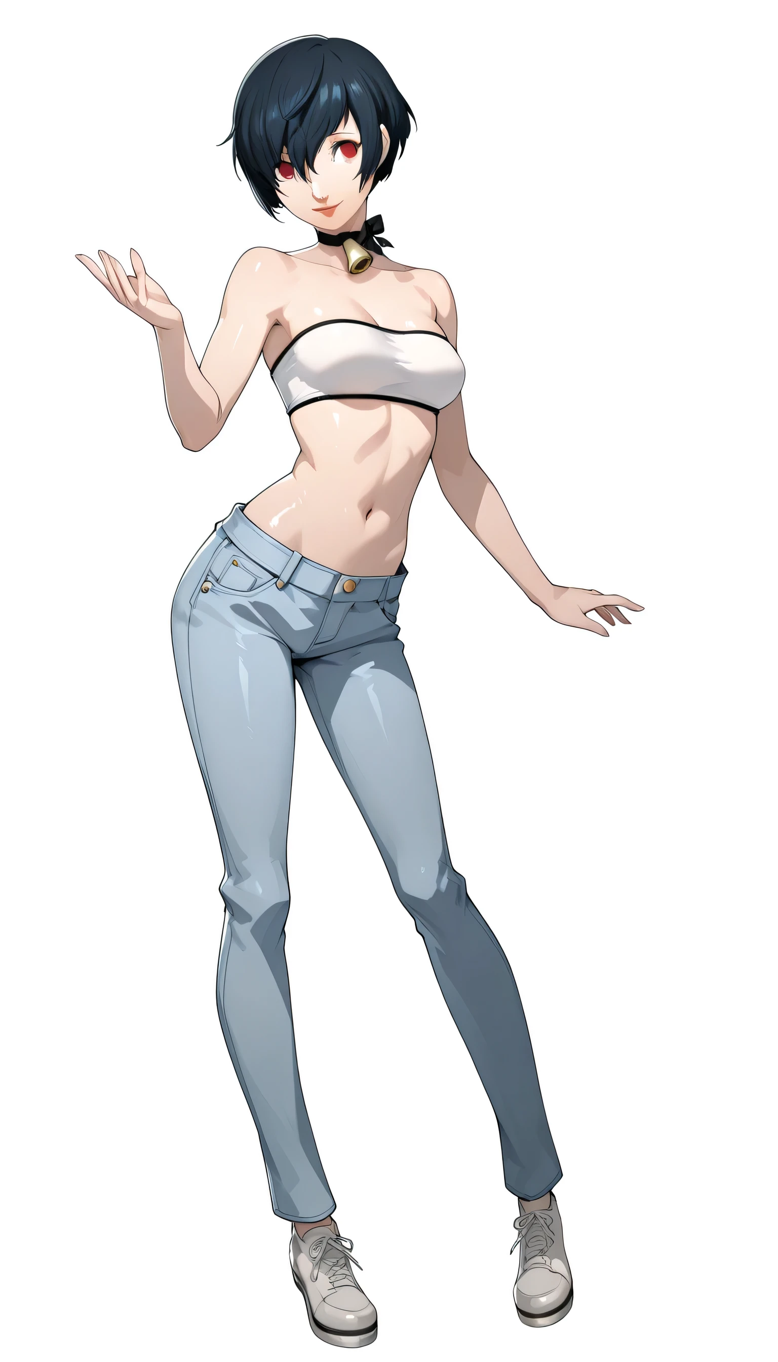1 girl, Red eyes, medium breast, very Short hair, Bob cut, black simple choker, lipstick, black hair, white bandeau, bell bottom jeans, shoes, full body, smile, azusa shimada style, white background , shiny skin, persona 3 reload style, perfect hands, high Quality