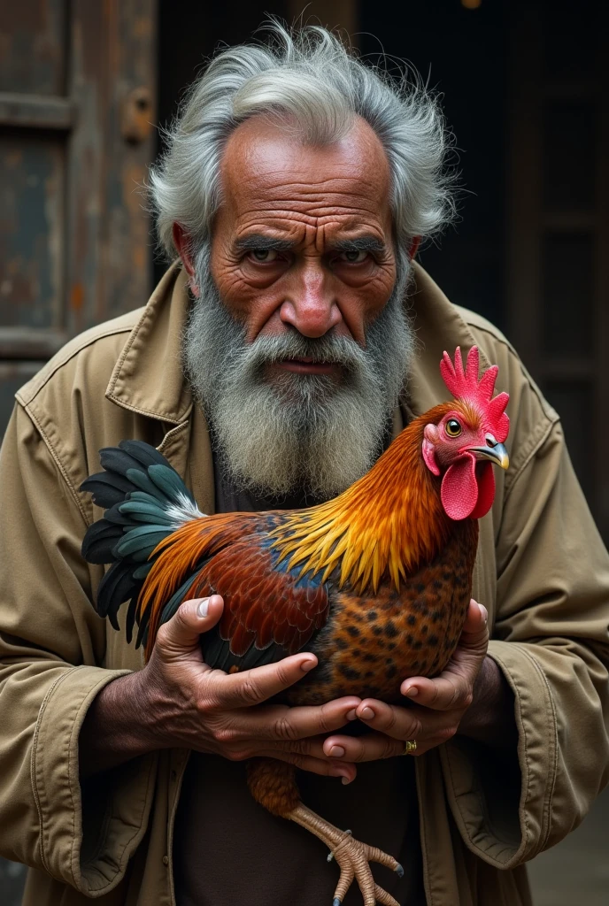 uman damle, arte Baroque, mysterious, provocative, Symbolic, complex, detailed, (masterpiece, Maximum quality, elderly Indonesian indigenous Sundanese man,(indigenous traits) with black cotton shirt and batik headband, held a chicken, smoke cigarette, high contrast,.very dark,. style photos of, uman damle, Caravaggio, Baroque 