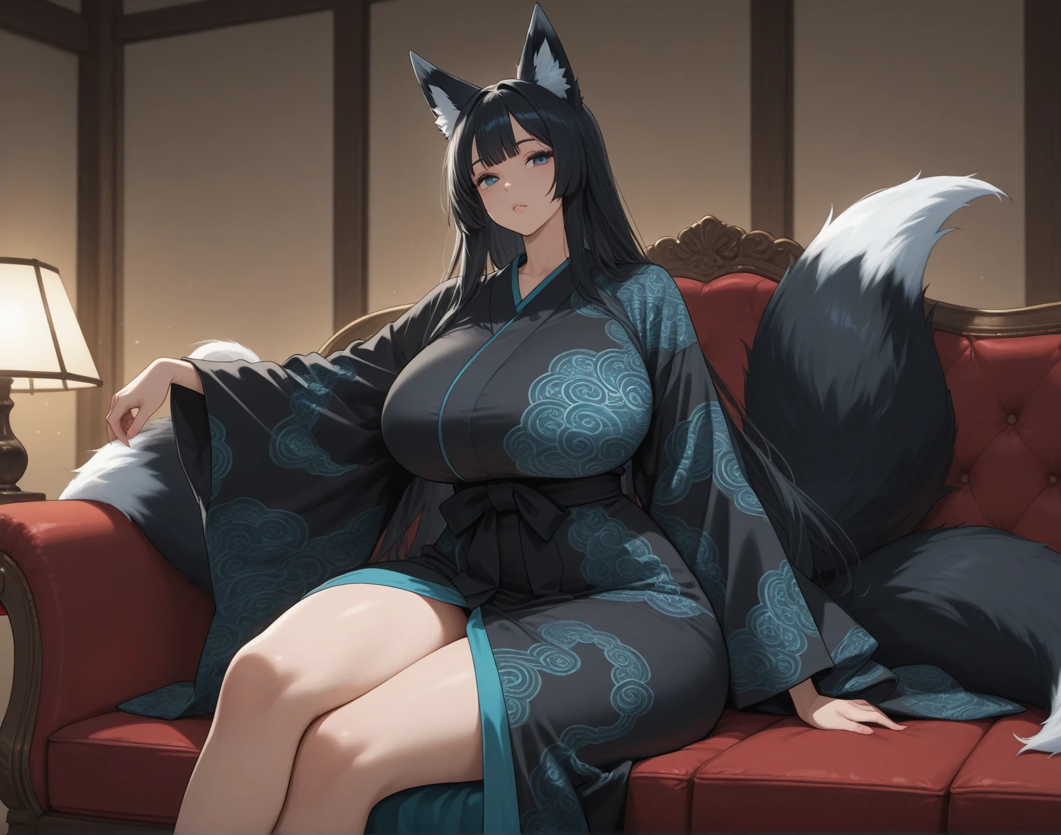 a woman wearing a beige sweater, with exposed thigh, long white stockings, large breasts, long black hair, neko ears, blue eyes, smiling, bangs in her hair, in a modern Japanese covering,(solo woman), HDR, ultra resolution, sharp, masterpiece, 8K HD