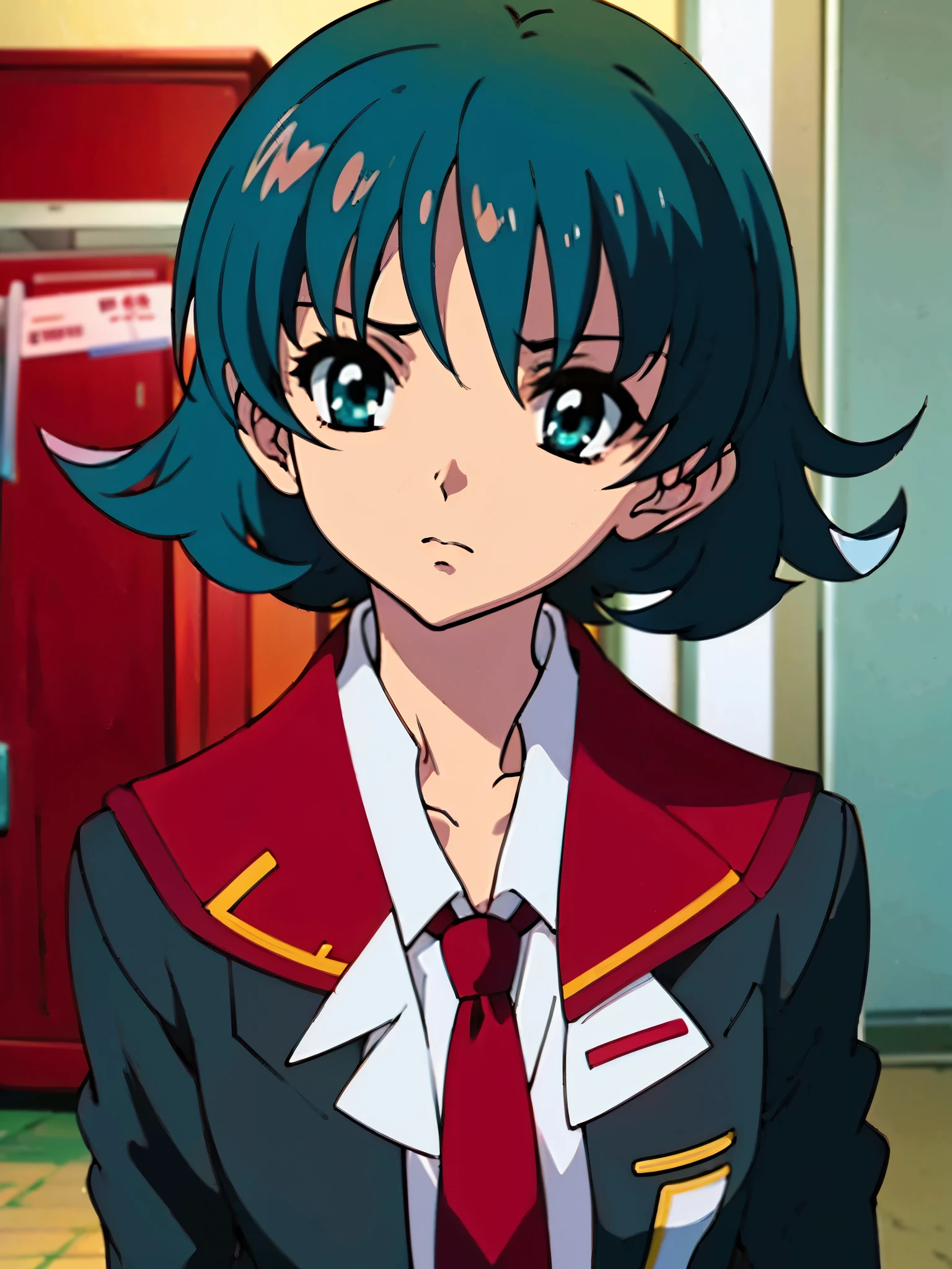 in room, anime style, 8k, masterpiece, ultra high res, focus upper body, medium bob hair, flip out hair, marine blue hair, break wearing school uniform, black blazer, break red tie, scowl,
